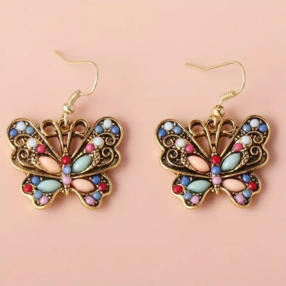 #45 Exquisite Butterfly Earrings Boho Bohemian Colored Stones - Picture 1 of 1